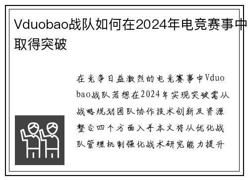Vduobao战队如何在2024年电竞赛事中取得突破