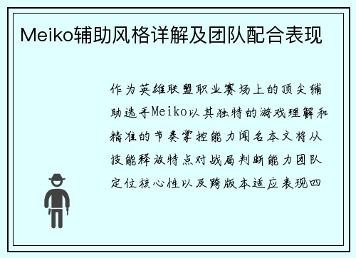 Meiko辅助风格详解及团队配合表现